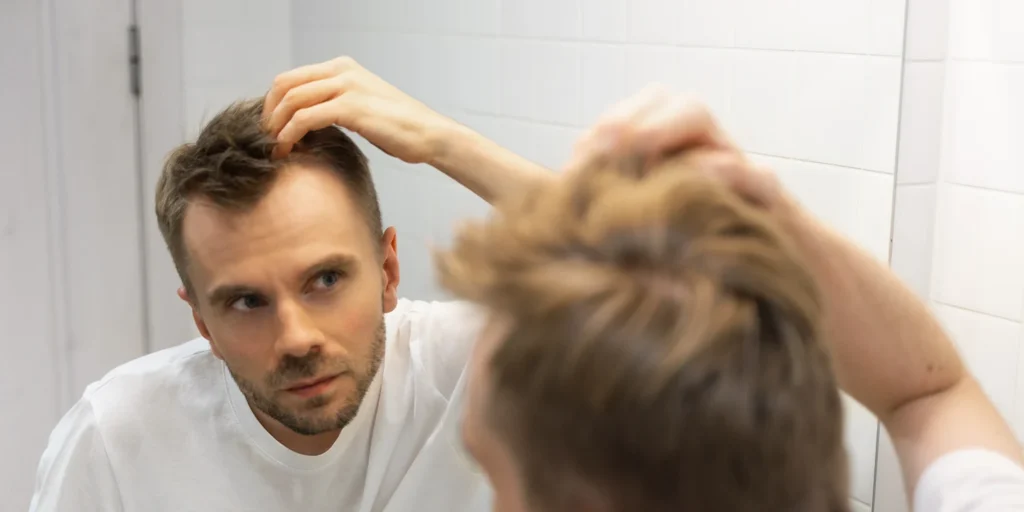 A man looks at his thinning hair