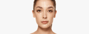 A woman with face mapping to show potential areas for cosmetic surgery.