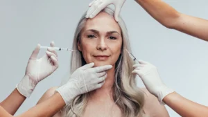 Grey hair woman getting injections
